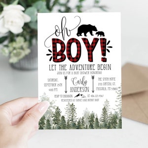 Lumberjack Baby Shower Invitation Editable, Buffalo Plaid Wilderness Bear Invitation, Rustic Boy Shower, EDIT ALL TEXT, Instant Download,A01 image 1