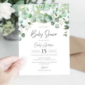 Succulent Baby Shower Invitation Template, Editable Succulent Invitation Printable, Edit All Text, Greenery Eucalyptus, INSTANT DOWNLOAD,HP2