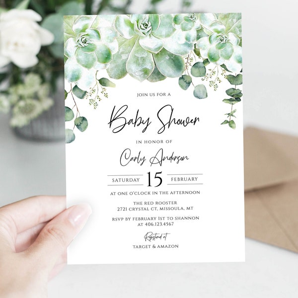 Succulent Baby Shower Invitation Template, Editable Succulent Invitation Printable, Edit All Text, Greenery Eucalyptus, INSTANT DOWNLOAD,HP2
