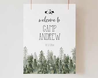 Camping Birthday Welcome Sign, One Happy Camper, Welcome to Camp Birthday Poster, Woodsy Rustic Pine Trees, Woodland Our Happy Camper, P14