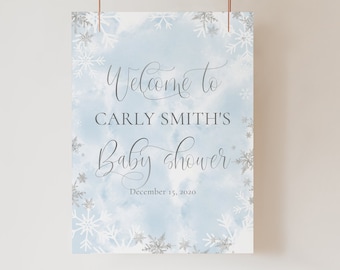 Winter Baby Shower Welcome Sign Printable, Baby It's Cold Outside, Silver and blue Snowflake Welcome Sign Template, DIY boy Baby Shower,b002