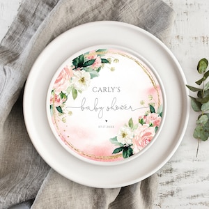 Charger Plate Insert Template, Floral Baby In Bloom Baby Shower, DIY Blush Pink Flower Circle Plate Insert, Pink and Gold EDIT all TEXT, p24