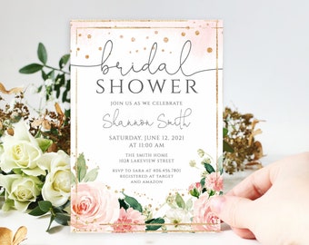 Blush Bridal Shower Invitation Template, Editable Floral Bridal Invitation, Blush and Gold, 100% EDITABLE Text, INSTANT DOWNLOAD, P24