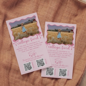 編集可能な写真付き大学基金持ち帰りカード テンプレート、波型ピンク リボン卒業パーティー、印刷可能な QR コード サイン、Cash App 卒業カード、Canva ファイル、g015