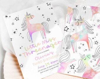 May include: A pink and purple unicorn birthday invitation with a watercolor background and stars. The text reads "Little Miss Threenager" and "Olivia's Third Birthday!" with the date and time of the party.