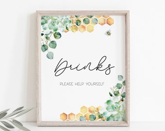 Bee Drinks Table Sign Printable, Bumble Bee Birthday Sign, Bee Baby Shower Drinks, Bridal Shower Sign, Honeycomb, Eucalyptus Greenery, a18