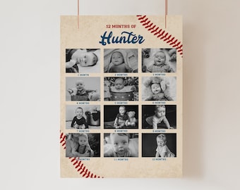 Baseball Monthly Photo Collage Poster Template, My First Birthday Photo Board, Sports Birthday Picture Sign, Vintage Baseball Birthday, B01