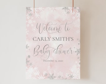 Winter Baby Shower Welcome Sign Printable, Baby It's Cold Outside, Silver and Pink Snowflake Welcome Sign Template,DIY Girl Baby Shower,b003