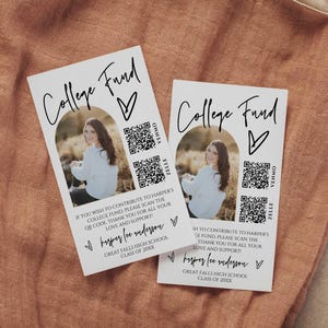 Bewerkbare foto College Fund meeneemkaartsjabloon, QR-codeteken afdrukbaar, Cash App Grad Card, modern minimalistisch DIY, canva-bestand, hps59