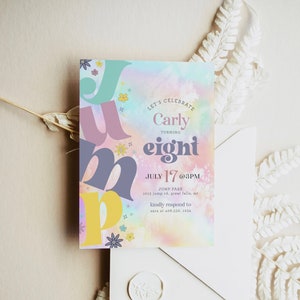 Editable Jump Birthday Party Invitation, Tie Dye Jump Birthday Party, Glow Jump Trampoline Party Let&#39;s Jump Party Instant DIY with Corjl,a82