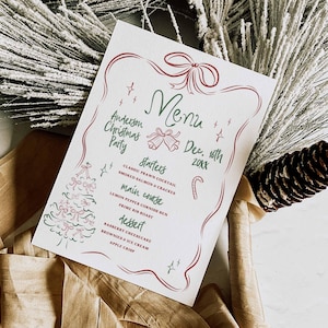 May include: A Christmas party menu with a festive design. The menu includes starters, main course, and dessert options. The text reads "Anderson Christmas Party Menu Dec. 16th 20XX".