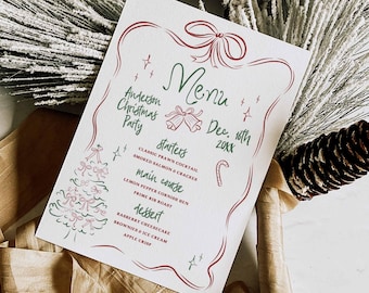 May include: A Christmas party menu with a festive design. The menu includes starters, main course, and dessert options. The text reads "Anderson Christmas Party Menu Dec. 16th 20XX".