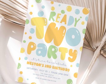 Editable Bubble Second Birthday Invitation, Boy Balloon Ready Two Party Invite Template, Colorful 2nd Birthday Party, Canva File, HP011b