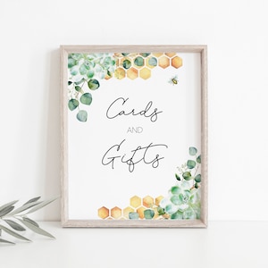 Cards and Gifts Sign Printable, Bee Baby Shower Sign, Bee Bridal Shower Sign, Honeycomb Succulent Eucalyptus Leaves, Bumble Bee Sign, a18