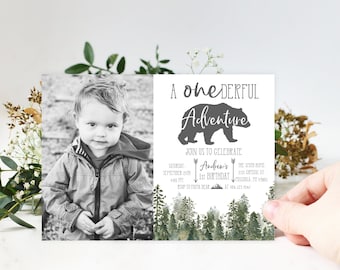 Editable First Birthday Photo Invitation for Boys, A Onderful Adventure Template, Woodland Birthday, Bear Invite, Instant Download, P14