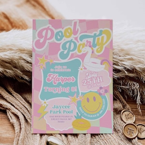 May include: Pink and blue pool party invitation with a white unicorn float, a smiley face, and the text "Pool Party", "Join us to celebrate Harper Turning 8!", "July 25th @2PM", "Jaycee Park Pool 1242 High Peaks Ln. Great Falls, MT 50404", and "RSVP to Sarah @ 4065502433".