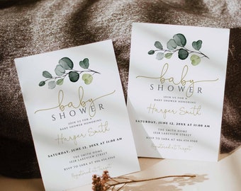 Eucalyptus Baby Shower Invitation Template, Watercolor Greenery (Digital Download)