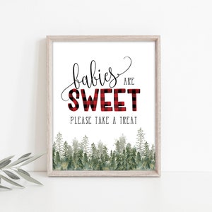 Lumberjack Babies are Sweet Treat Table Sign Printable, Rustic Pine Trees, Buffalo Check, Woodland Baby Shower, Instant Download, A01 image 1