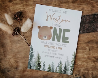 Editable Bear First Birthday Invitation, Woodland Theme (Digital Download)