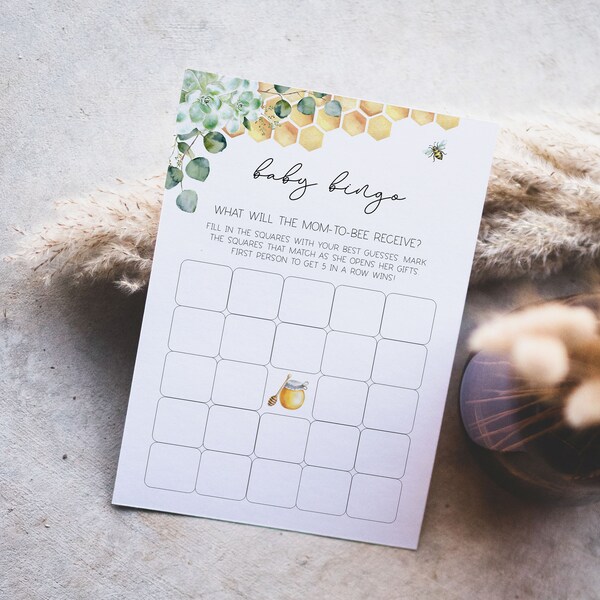 Baby Bingo Game Card Template, Bee Baby Shower Game Activity, Honeycomb babee, Bingo Game Card,Succulent Eucalyptus,EDIT all TEXT,a18
