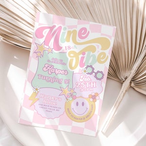 Nine is a Vibe Birthday Invitation Printable, Checkered Smiley Face 9th Birthday invite, Preppy Retro Ninth bday, emoji invite, HPS45
