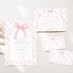 Paquete de invitación para baby shower con lazo floral en toile rosa polvoriento vintage, sorteo de pañales y libros para tarjeta de bebé, lazo coqueto, edición en Canva, HPS47p
