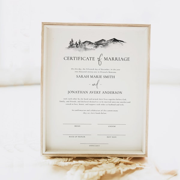 ASPEN, Certificate of Marriage Printable, Mountain Marriage Certificate Template, Handfasting Certificate, Wedding Keepsake,Black White,a101