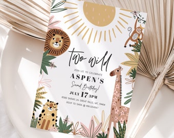Two Wild Second Birthday Invitation Girl, Safari 2nd birthday Invite, Boho Jungle Animal Party Evite, Editable DIGITAL Invite Download a89g