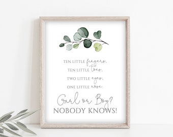 Letrero imprimible de niño o niña, diez deditos, diez deditos, eucalipto para baby shower, letrero para revelar el género, decoración para baby shower, P33