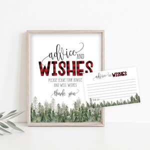 Advice and Wishes Sign and Matching Note Card, Wishes for Mom, Rustic Pine Shower, Buffalo Check,Woodland Baby Shower, Instant Download, A01 image 1