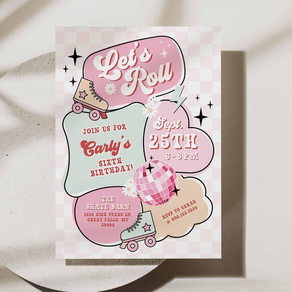 Let's Roll Roller Skate Birthday Party Invitation Template, ANY AGE Checkered Birthday Invite Retro Roller Girl Canva File, HPS608
