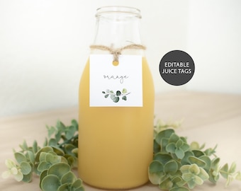Saft Tags bearbeitbare Vorlage, Mimosa Bar Saft Tags, Eukalyptus Greenery, sprudelnde Bar Saft Tags, Gartendusche, Sofort Download, P33