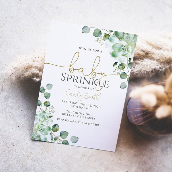 Greenery Baby Sprinkle Invitation Template, Eucalyptus Baby Shower, Succulent Garden Shower Invitation, Edit all Text, Instant Download, hp2