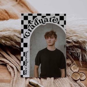 Retro Checkered Photo Graduation Party Invitation Card Template,DIY Graduate Photo Card,Arch Photo,Senior Graduation Announcement,Canva File