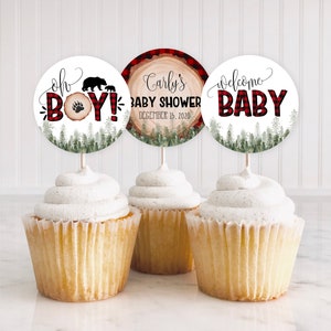 EDITABLE Cupcake Topper Template, Lumberjack Baby Shower Cupcake Treat Toppers, Circle Cupcake Toppers, Woodland Baby Shower, Pine Trees,A01 image 1