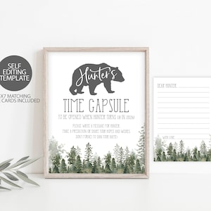 Beer verjaardag afdrukbare sjabloon tijdcapsule, BEWERKBARE pijnboom eerste verjaardag, Woodland Boy verjaardagswensen, INSTANT DOWNLOAD, P14