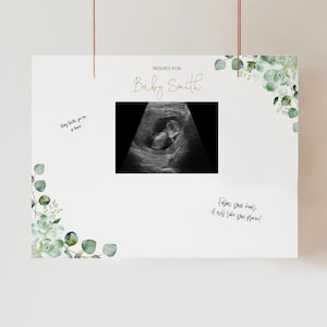 Póster imprimible editable para libro de visitas de baby shower, letrero con foto para ecografía, deseos para bebé, vegetación suculenta, Corjl digital, HP2, pág. 36