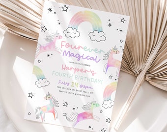 May include: A colorful invitation with a rainbow and unicorns. The text reads "Fourever Magical Harper's Fourth Birthday!" with the date and time "July 14 @3pm" and the address "1012 Unicorn Ln, Great Falls, MT". RSVP to Carly @ 406.550.1345.