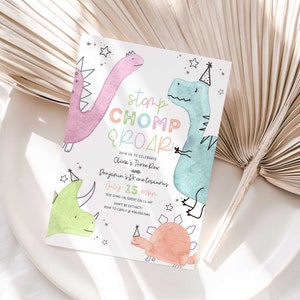 May include: A colorful dinosaur-themed invitation with the text "stamp CHOMP ROAR!" and details for a birthday party for Olivia's Three Rex and Benjamin's Pronetosaurus. The invitation features watercolor illustrations of dinosaurs in pink, green, and orange.