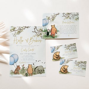 Twin Boy Baby Shower Uitnodiging Suitebundel, Klassieke Winnie de Pooh Twin Baby Shower Set, 3 kaartenset, digitale bestanden, ALLES BEWERKEN TEXTa70