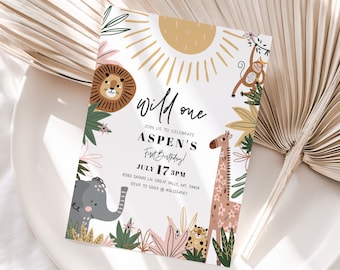 Wild One First Birthday Invitation Girl, Safari 1st birthday Invite, Boho Jungle Animal Party Evite, Editable DIGITAL Invite Download a89g