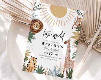 Two Wild Second Birthday Invitation BOy, Safari 2nd birthday Invite, Boho Jungle Animal Party Evite, Editable DIGITAL Invite Download a89b