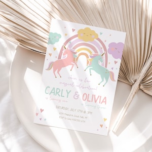 Unicorn Joint Birthday Invitation Printable, Magical Party Invite Girl Pink Pastel, Editable Rainbow Sibling Birthday Download Corjl a127