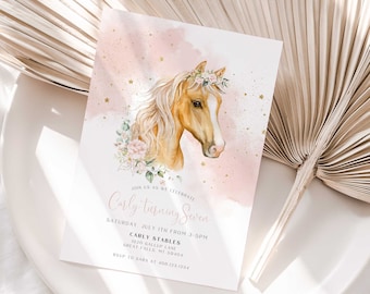 Horse Birthday Invitation Printable Template, Saddle Up Watercolor Cowgirl Rodeo Horse Party, Blush Pink Floral Gold Stars ,Canva File, a130