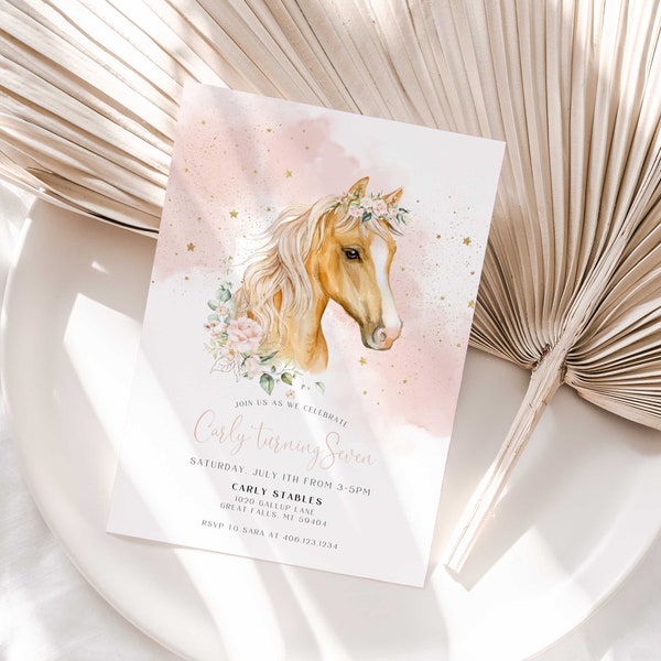 Horse Birthday Invitation Printable Template, Saddle Up Watercolor Cowgirl Rodeo Horse Party, Blush Pink Floral Gold Stars ,Canva File, a130