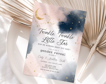 Gender Reveal Invitation, Twinkle Twinkle Little Star Gender Reveal Invite Template, DIY Moon and Stars Theme,Blue Or Pink,Gold Stardust,a53