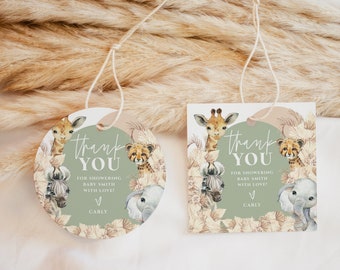 Circle Favor Tag Printable, Boho Safari Baby Shower Favor Sticker,Boho Arch Birthday Decor Thank You Tag or Sticker Muted Sage Beige a72s