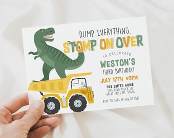 Dinosaur and Construction Birthday Invitation Printable, T-Rex Boy Birthday Digital Invite, Dump Truck,Stomp on Over,Any Age Invitation,a124