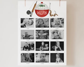 Monthly Photo Board Sign, First Year Picture Monthly Photos Collage Printable,First Birthday Boy Poster Party Fishing Ofishaly One Theme a32