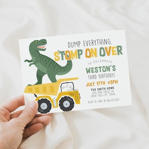 Dinosaur and Construction Birthday Invitation Printable, T-Rex Boy Birthday Digital Invite, Dump Truck,Stomp on Over,Any Age Invitation,a124